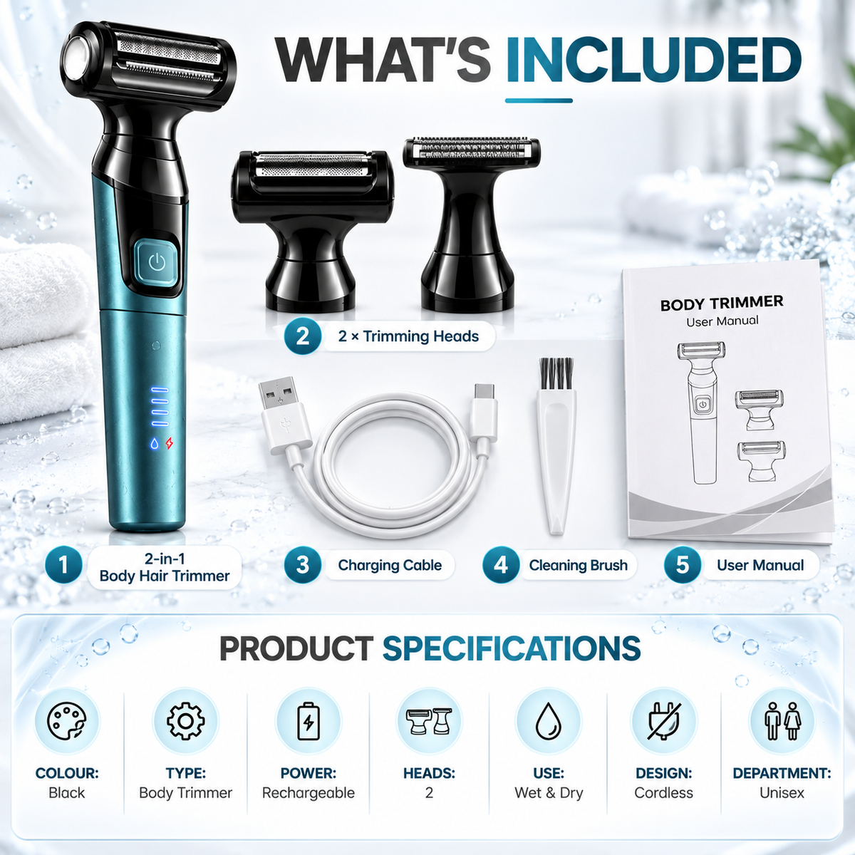 2-in-1 Body & Groin Hair Shaver Waterproof Dual Head Trimmer for Men and Women
