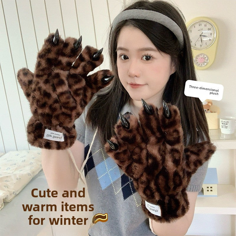 Unisex Leopard Print Winter Gloves Plush Lined & Windproof