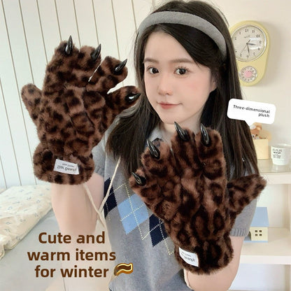 Unisex Leopard Print Winter Gloves Plush Lined & Windproof