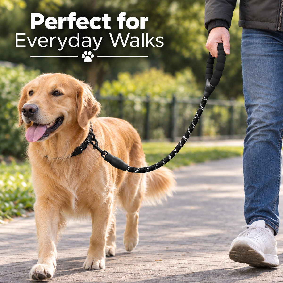 A golden retriever dog wearing a black and white patterned harness walks on a paved path with a person holding the leash, outdoors with green trees in the background. Text overlay reads 'Perfect for Everyday Walks' with a paw print icon.