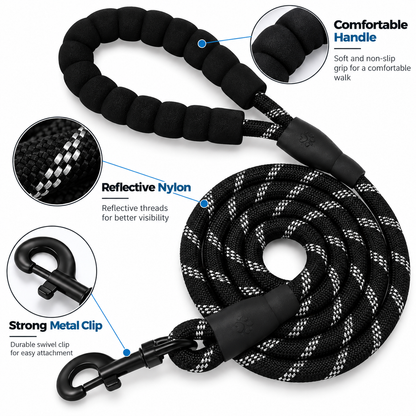 Black and white patterned coiled dog leash with a padded black foam handle, shown on a white background with callout circles and text highlighting features like comfortable handle, reflective nylon, and strong metal clip.
