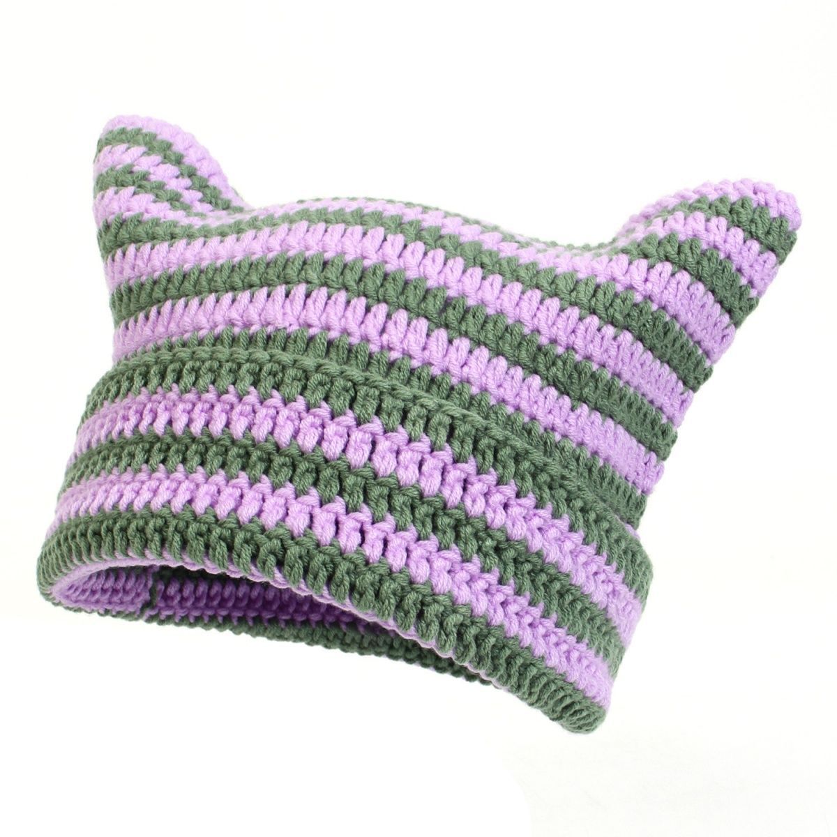 Cute Knitted Cat Ear Beanie Hat Striped Unisex Winter Cap