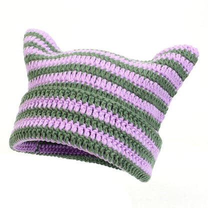 Cute Knitted Cat Ear Beanie Hat Striped Unisex Winter Cap