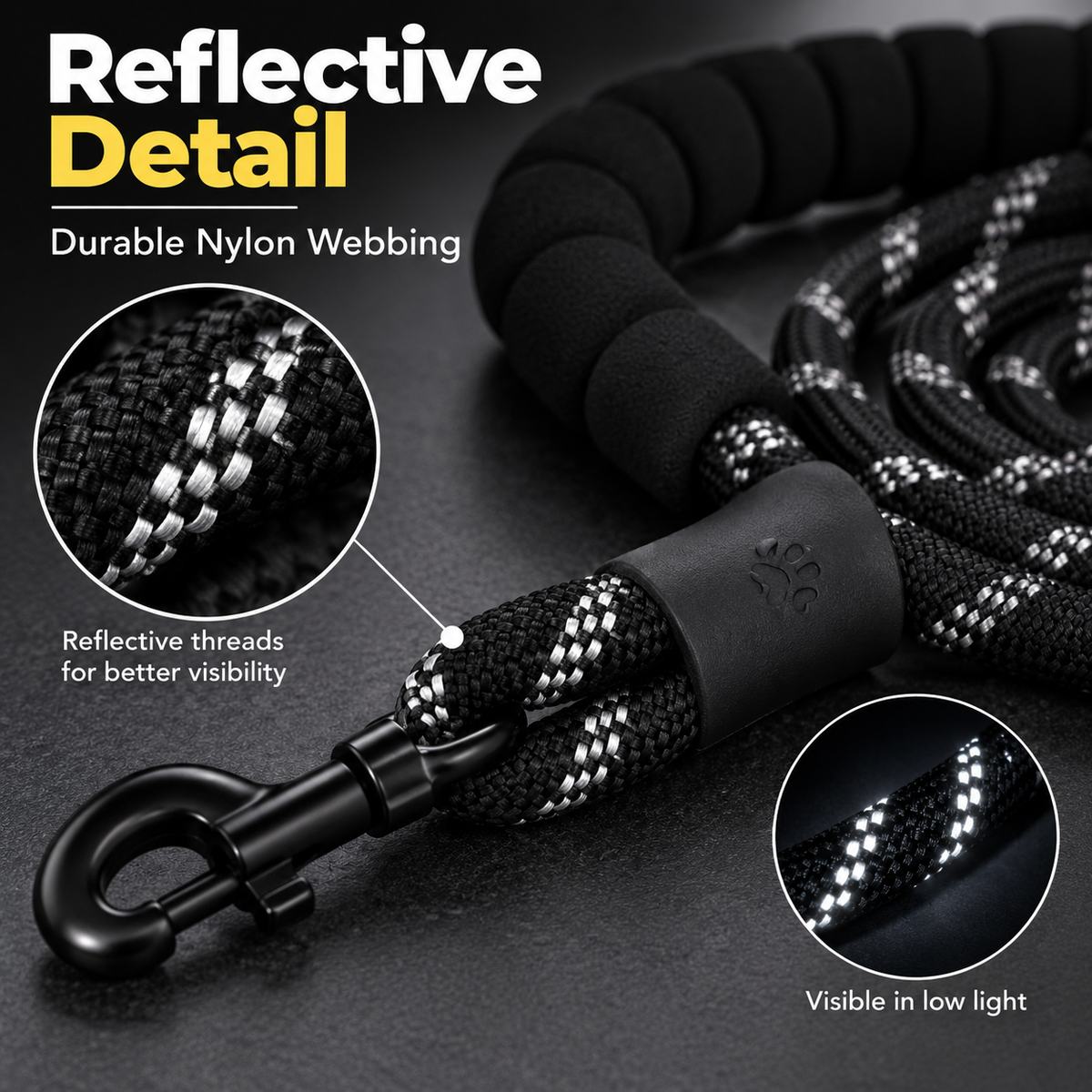Black reflective dog leash with a black carabiner clip and textured handle, shown on a dark background with feature callouts and circular close-ups highlighting reflective nylon webbing.