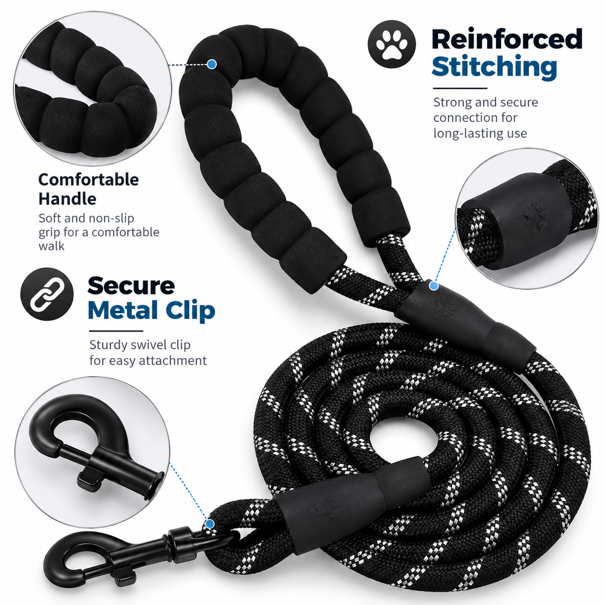 A black and white dog leash with a padded, ribbed handle and metal clip, shown on a white background with callout circles highlighting features like reinforced stitching, comfortable handle, and secure metal clip.