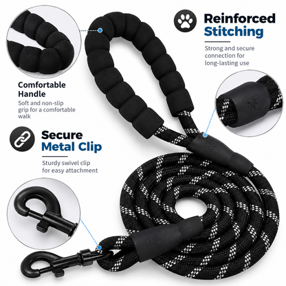 A black and white dog leash with a padded, ribbed handle and metal clip, shown on a white background with callout circles highlighting features like reinforced stitching, comfortable handle, and secure metal clip.