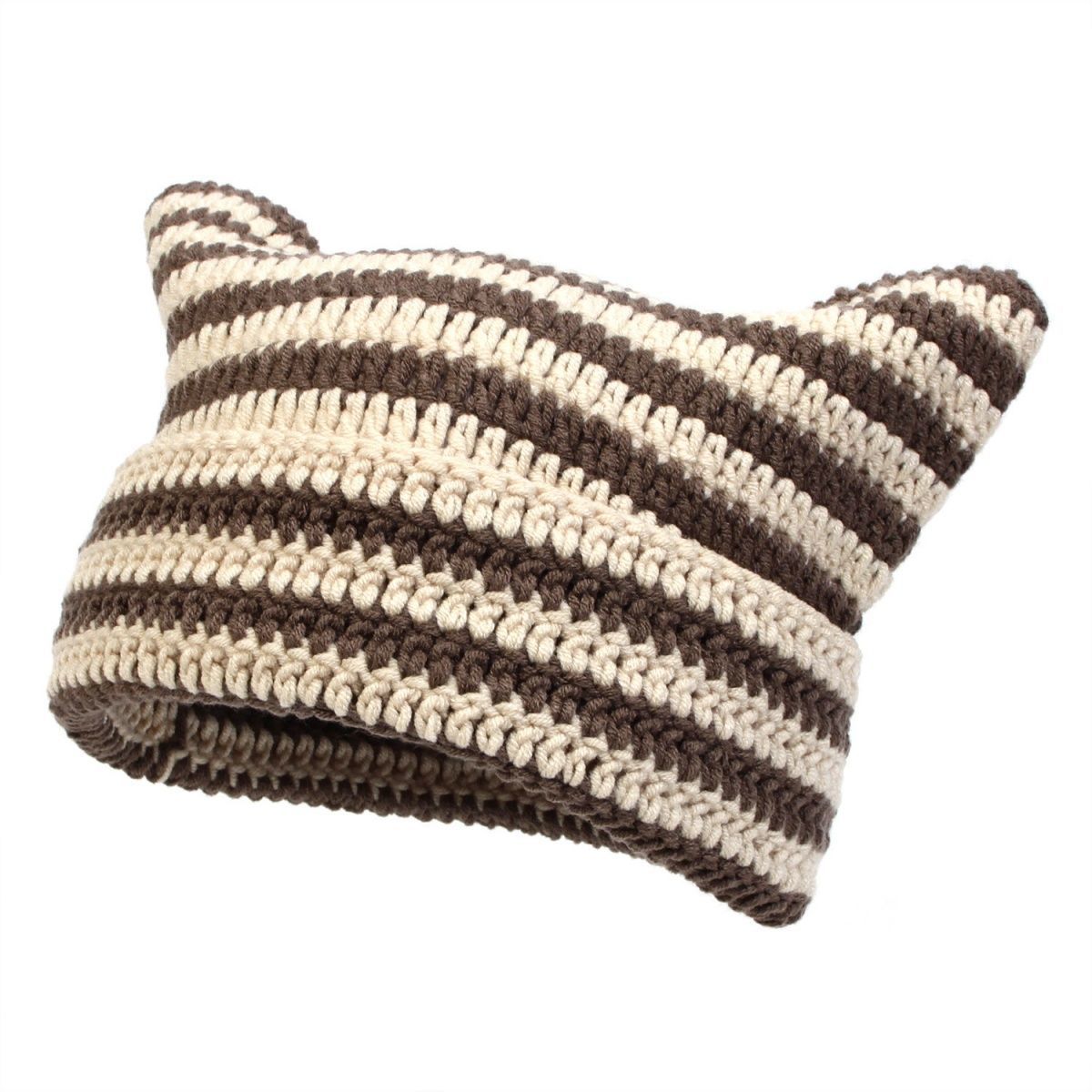 Cute Knitted Cat Ear Beanie Hat Striped Unisex Winter Cap