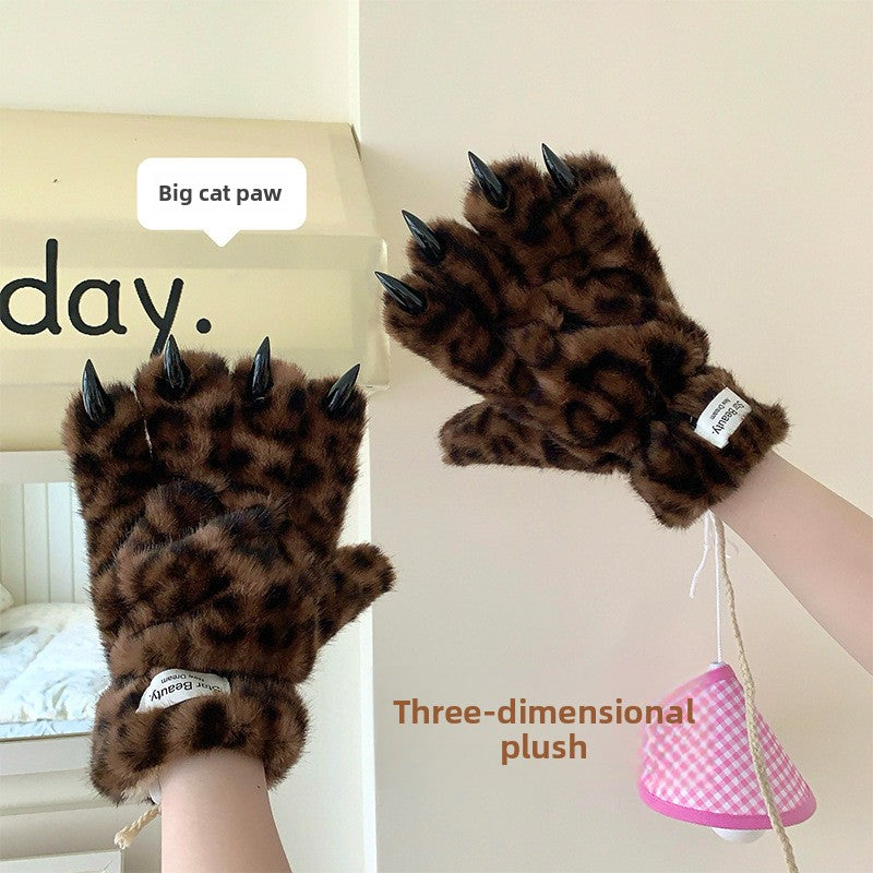 Unisex Leopard Print Winter Gloves Plush Lined & Windproof