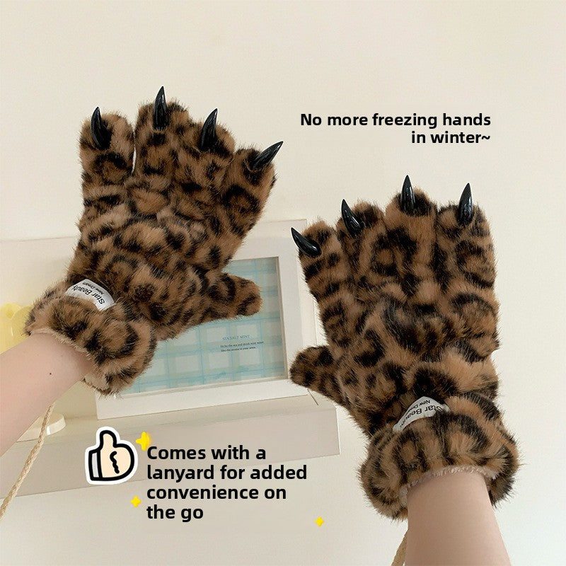 Unisex Leopard Print Winter Gloves Plush Lined & Windproof