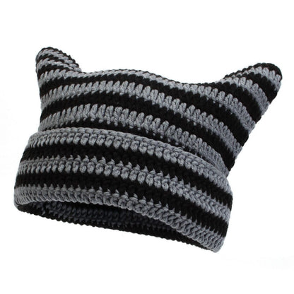 Cute Knitted Cat Ear Beanie Hat Striped Unisex Winter Cap