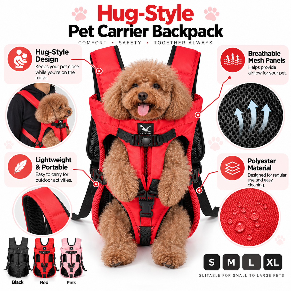 Hug-Style Chest Pet Carrier Backpack Breathable Mesh S-XL