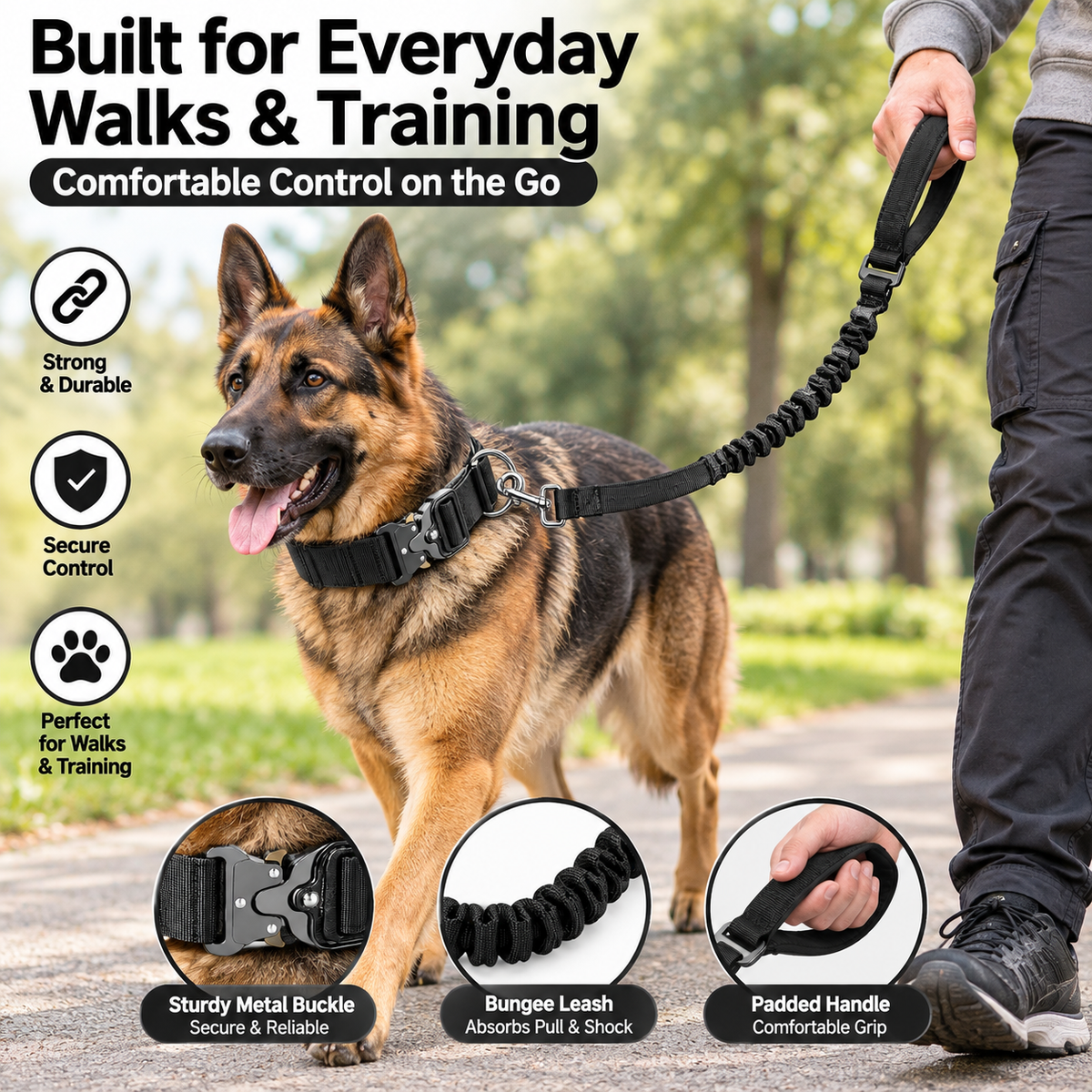 Tactical Dog Collar and Bungee Leash Set