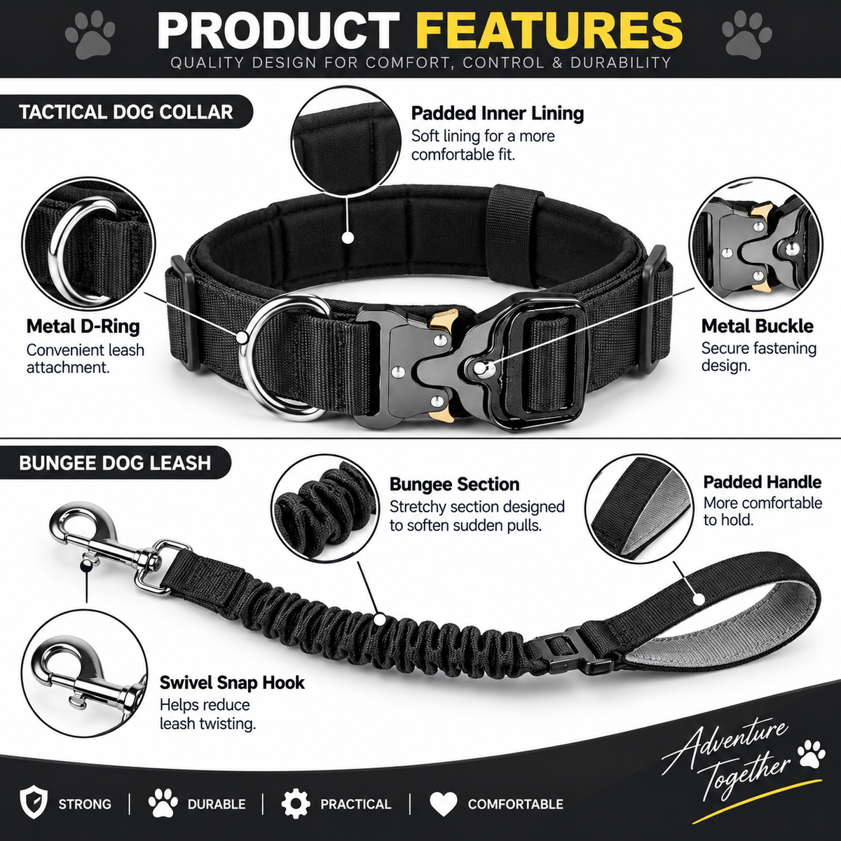Tactical Dog Collar and Bungee Leash Set