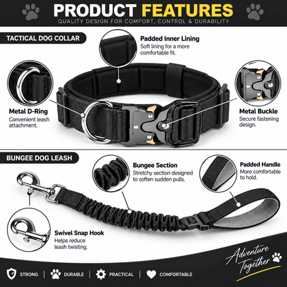 Tactical Dog Collar and Bungee Leash Set