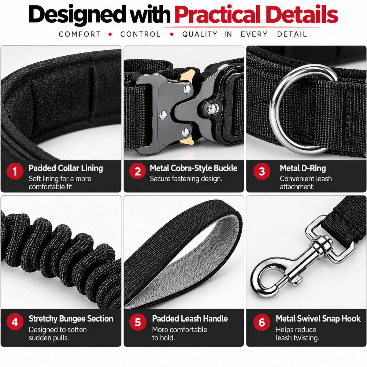 Tactical Dog Collar and Bungee Leash Set