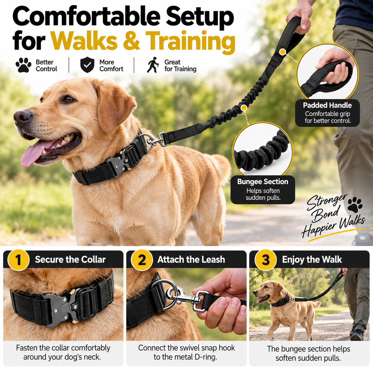 Tactical Dog Collar and Bungee Leash Set
