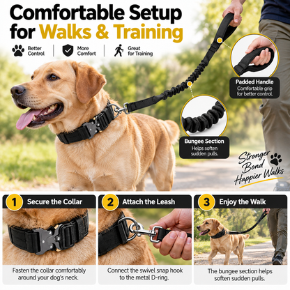 Tactical Dog Collar and Bungee Leash Set