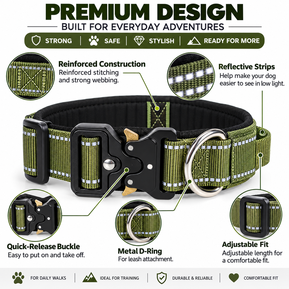 Tactical Dog Collar with Reflective Strips
