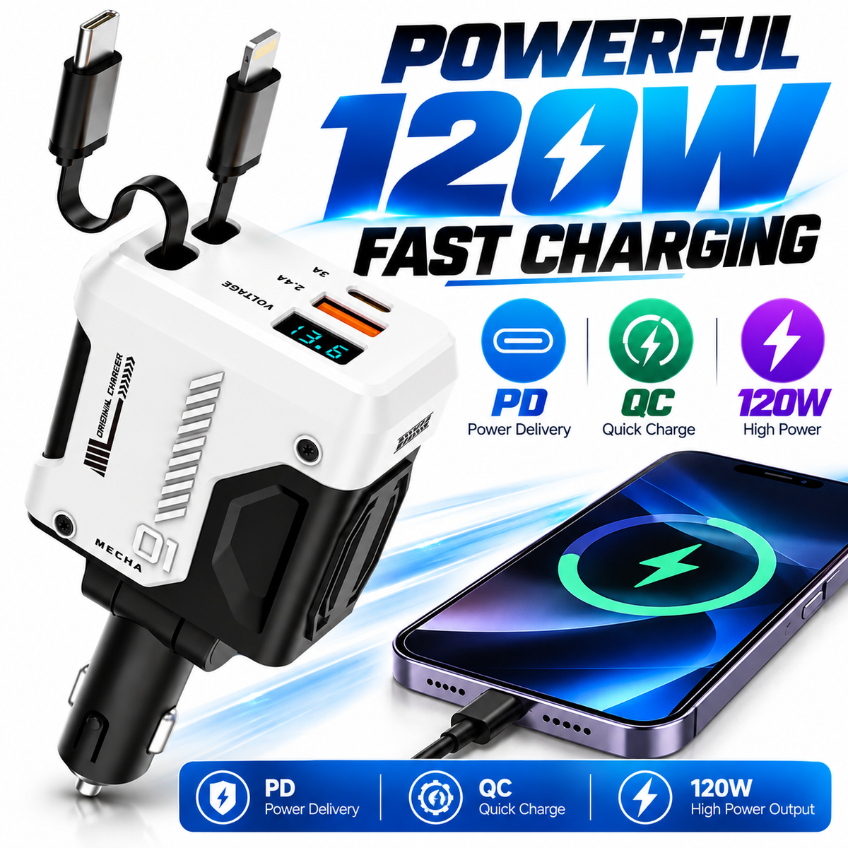 120W Retractable Car Charger