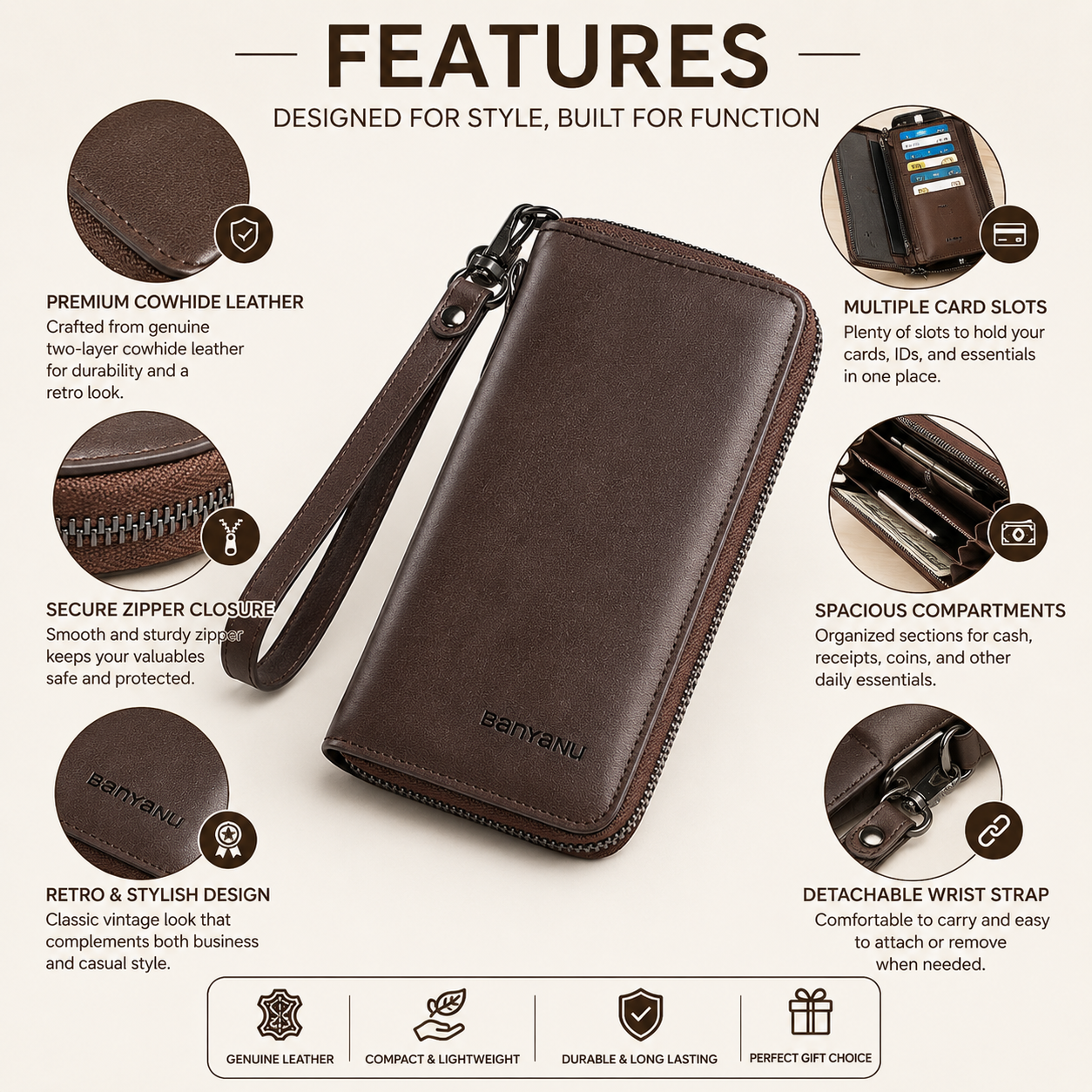 Men's Retro Cowhide Zipper Wallet