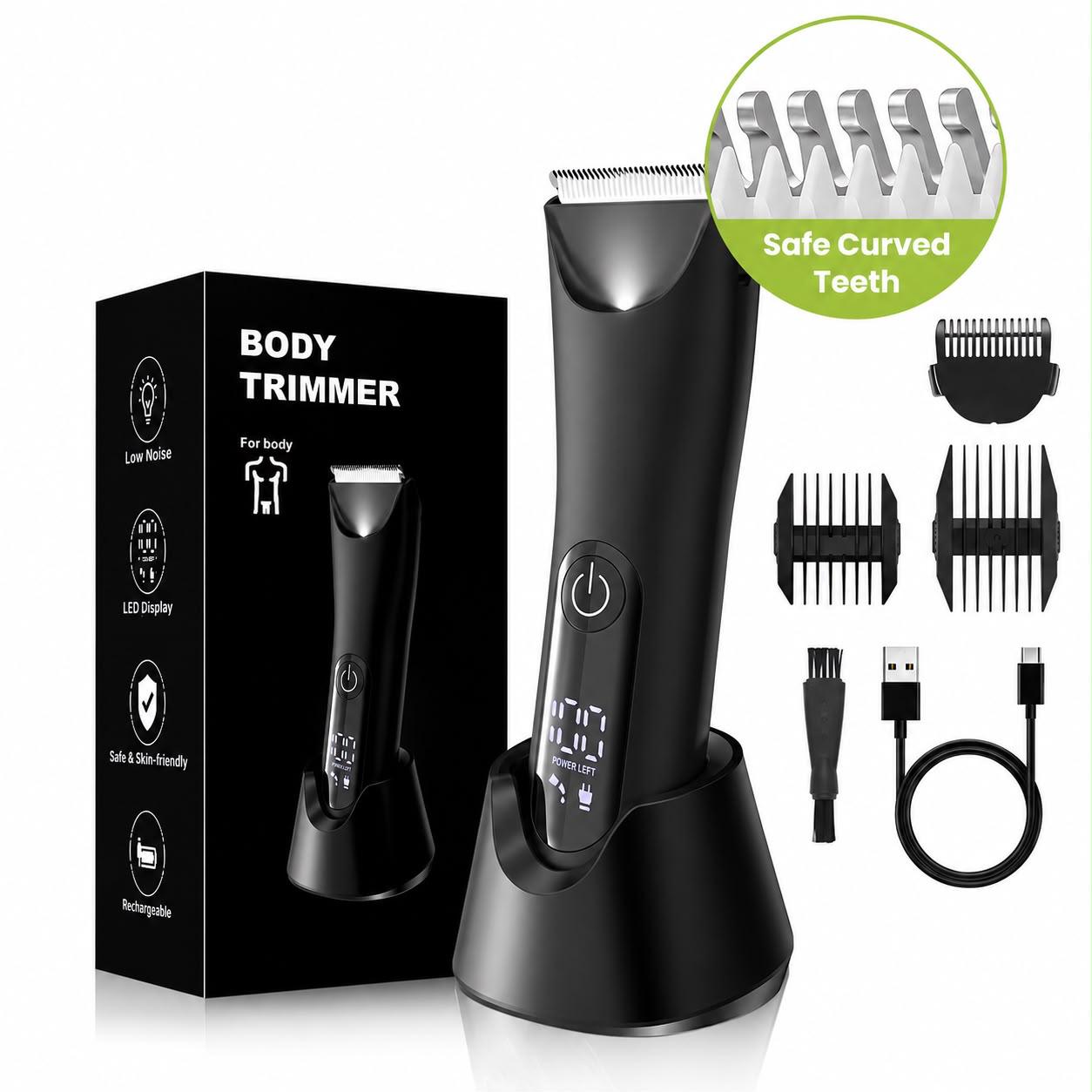 Waterproof Body Hair Trimmer for Men – Mute Electric Razor with Replaceable Ceramic Blade for Groin & Body Grooming