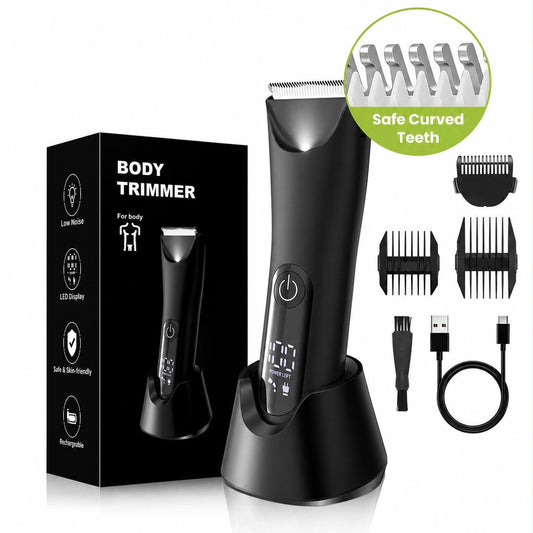 Waterproof Body Hair Trimmer for Men – Mute Electric Razor with Replaceable Ceramic Blade for Groin & Body Grooming