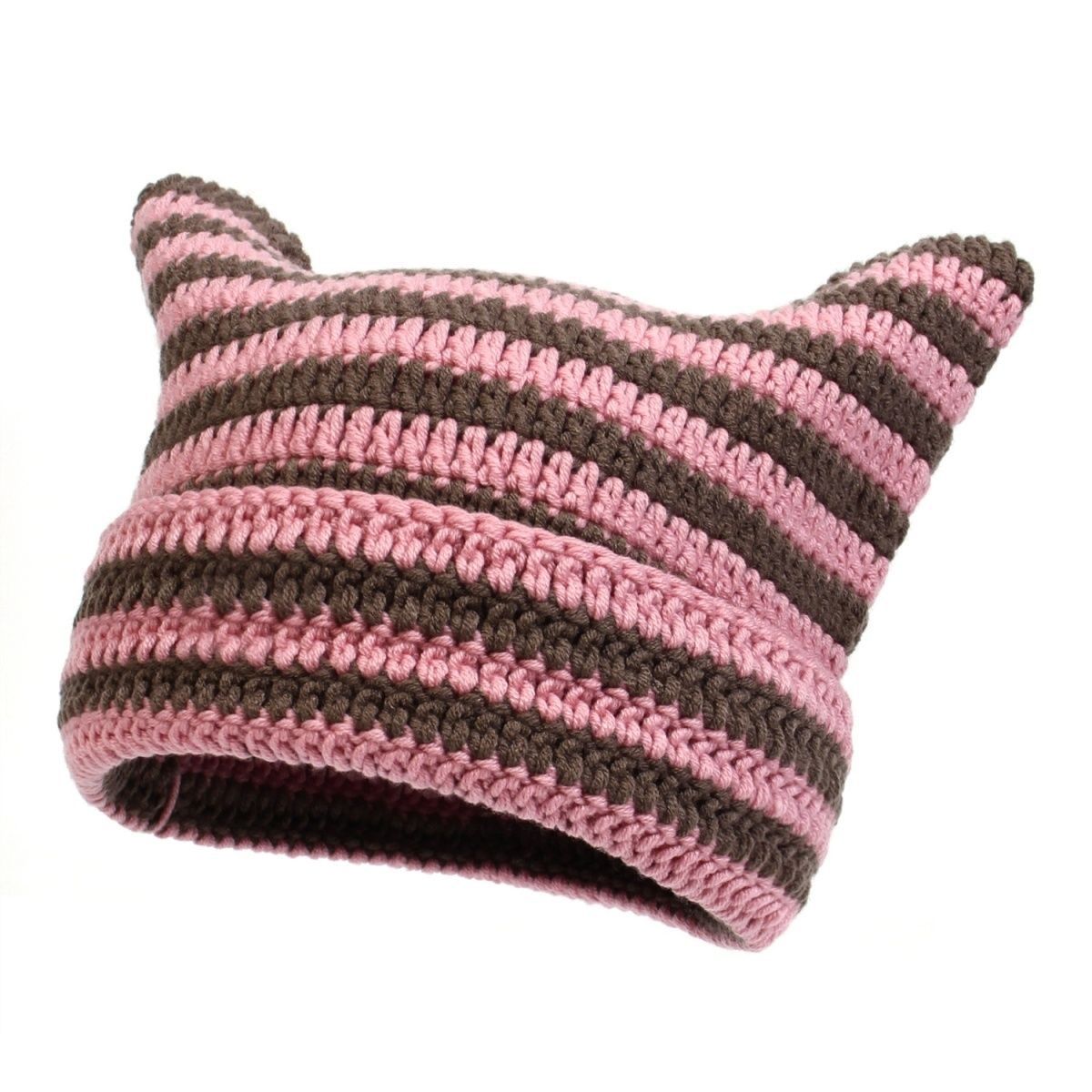 Cute Knitted Cat Ear Beanie Hat Striped Unisex Winter Cap
