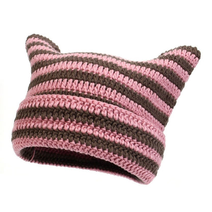 Cute Knitted Cat Ear Beanie Hat Striped Unisex Winter Cap