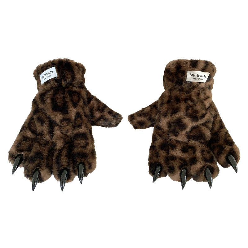 Unisex Leopard Print Winter Gloves Plush Lined & Windproof