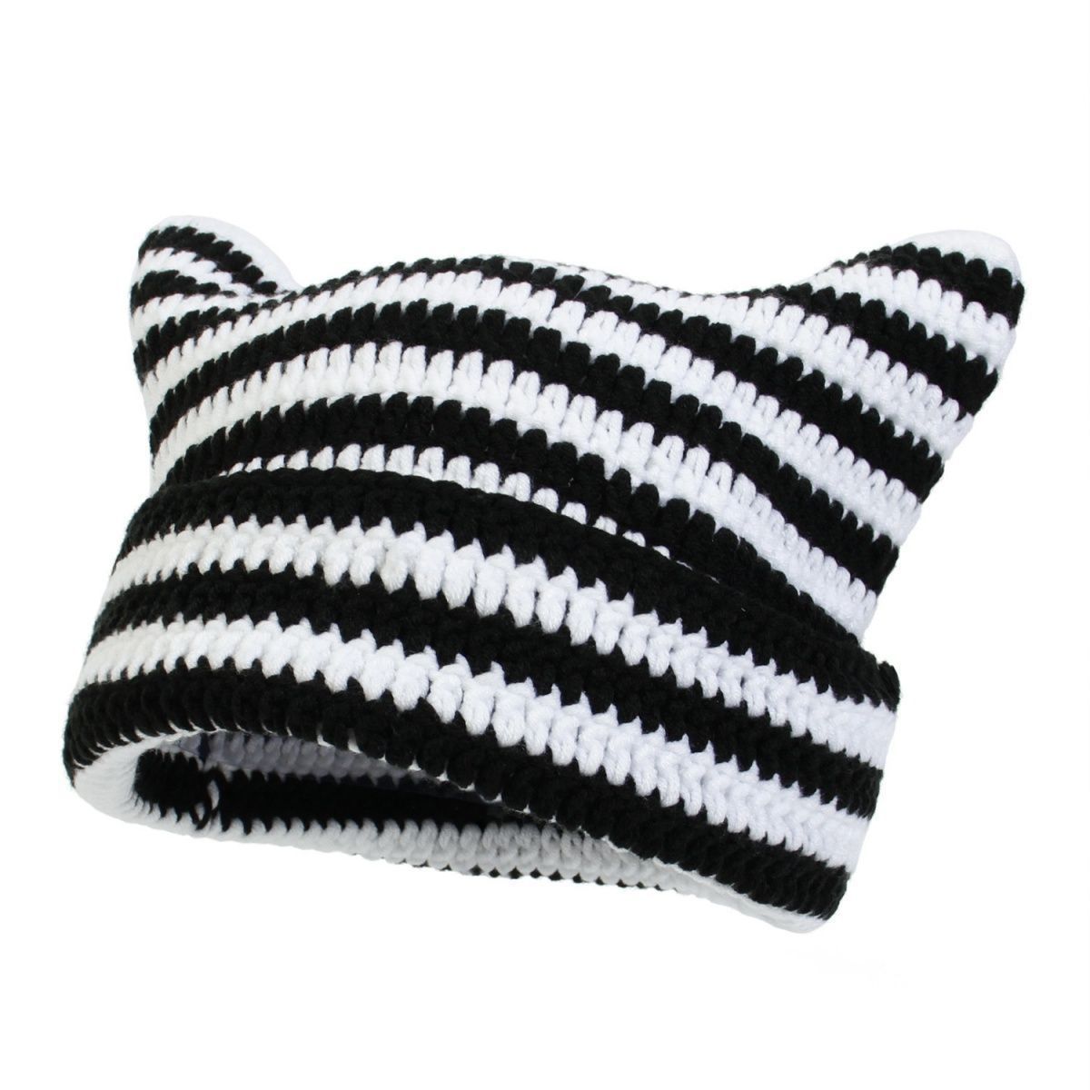 Cute Knitted Cat Ear Beanie Hat Striped Unisex Winter Cap