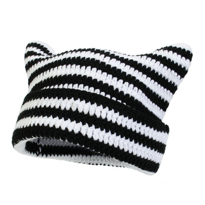 Cute Knitted Cat Ear Beanie Hat Striped Unisex Winter Cap