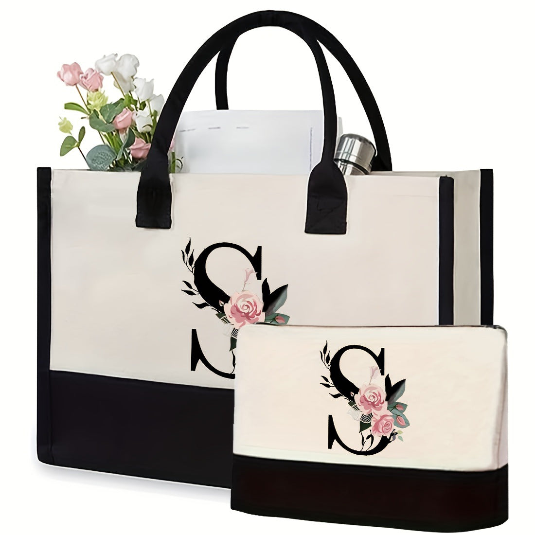 Initial Flower Tote Bag