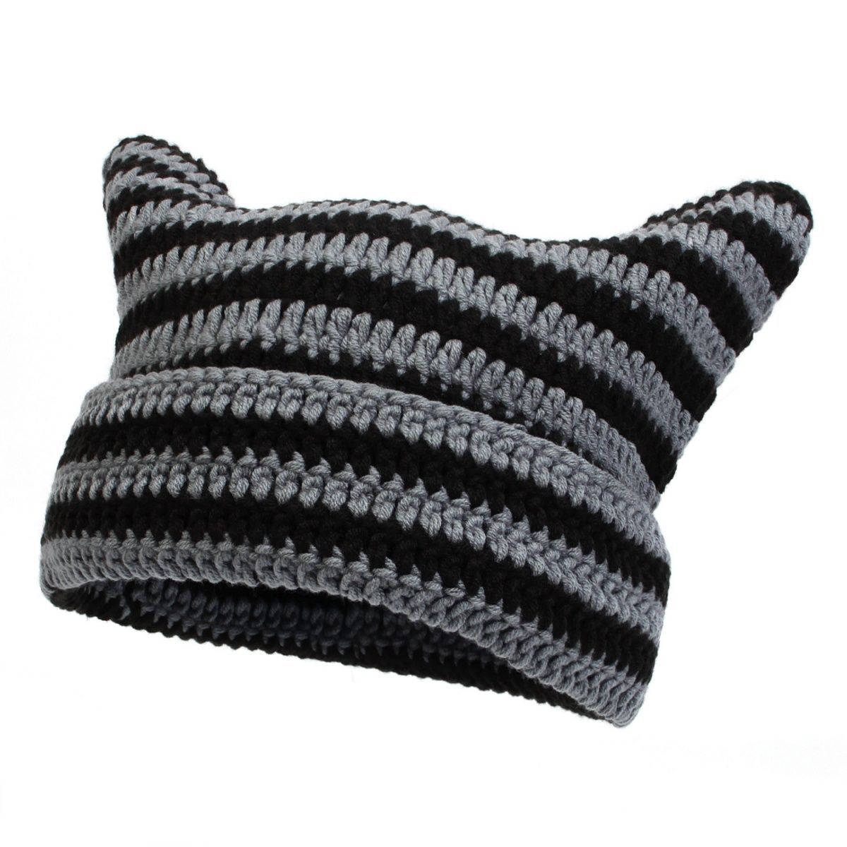 Cute Knitted Cat Ear Beanie Hat Striped Unisex Winter Cap
