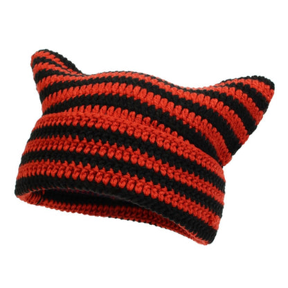 Cute Knitted Cat Ear Beanie Hat Striped Unisex Winter Cap