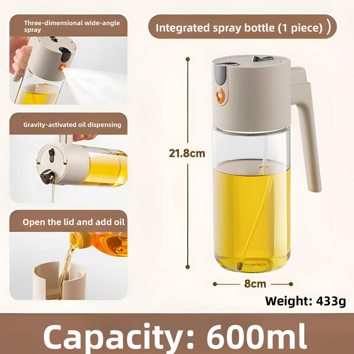 Glass Oil Dispenser Bottle 600ml with Spray and Pour Function