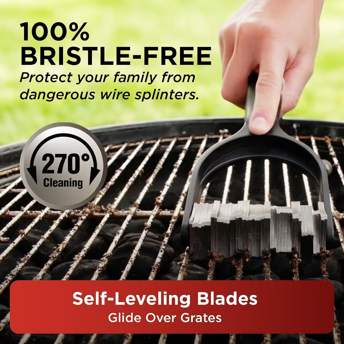 Wire-Free Stainless Steel BBQ Grill Cleaning Brush with Scraper Blade