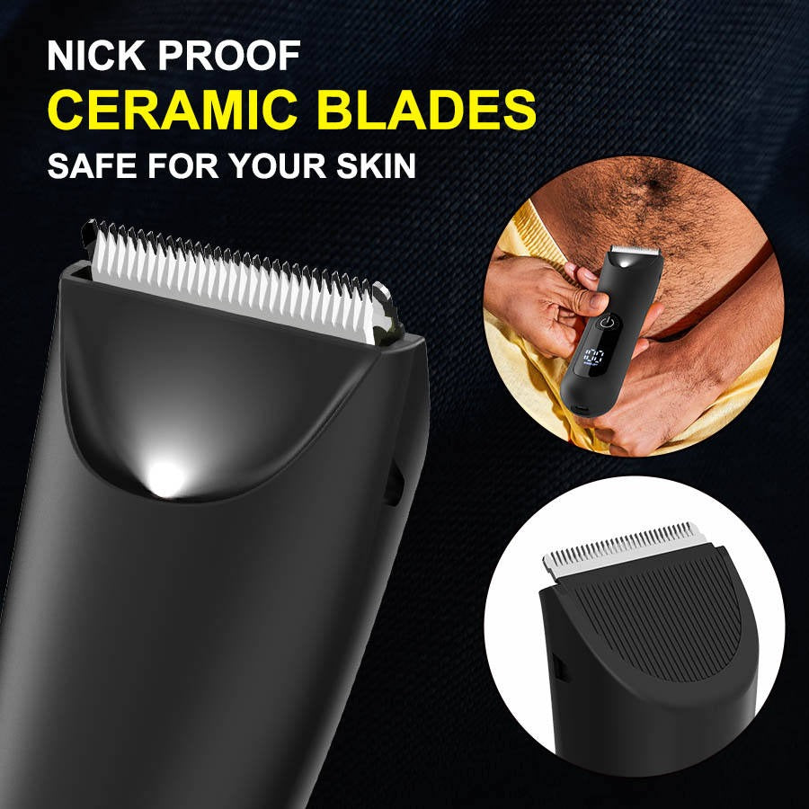 Waterproof Body Hair Trimmer for Men – Mute Electric Razor with Replaceable Ceramic Blade for Groin & Body Grooming