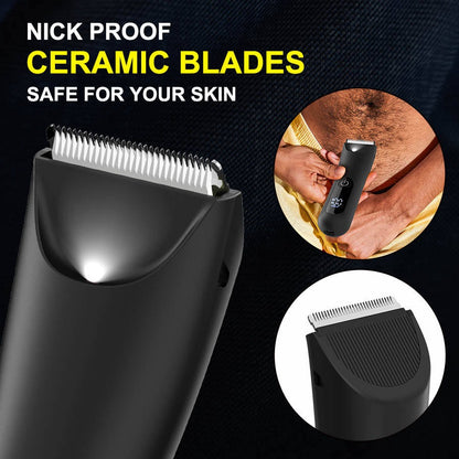 Waterproof Body Hair Trimmer for Men – Mute Electric Razor with Replaceable Ceramic Blade for Groin & Body Grooming