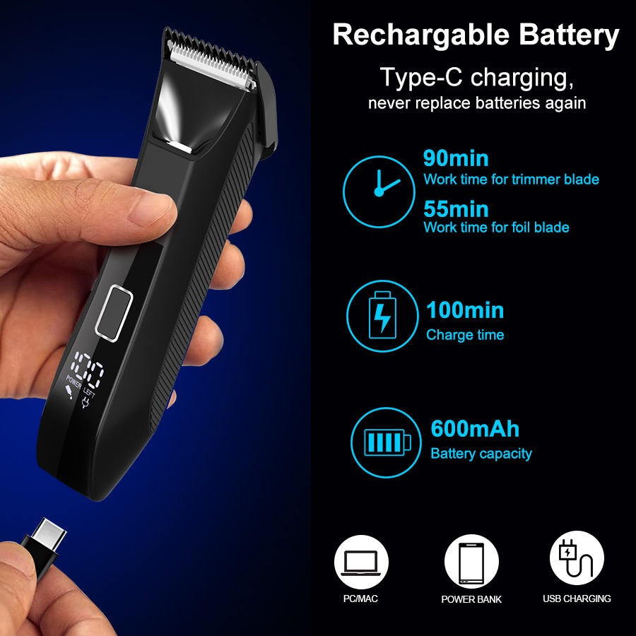 Waterproof Body Hair Trimmer for Men – Rechargeable Electric Groin Shaver with LED Display