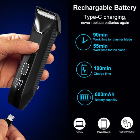 Waterproof Body Hair Trimmer for Men – Rechargeable Electric Groin Shaver with LED Display