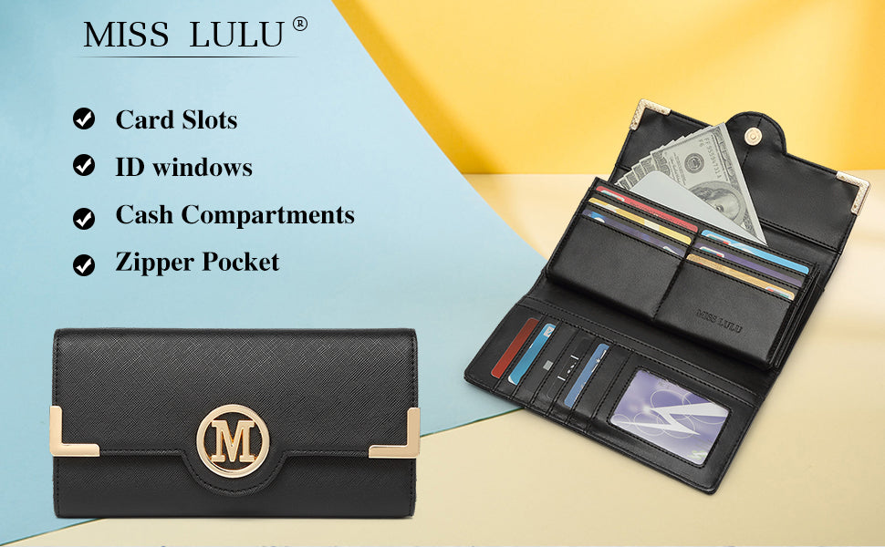 Miss Lulu Women's PU Leather Long Wallet with Card Slots