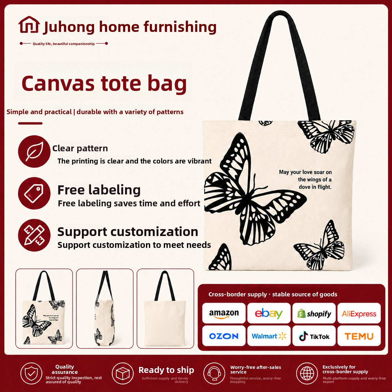 Black Butterfly Print Tote Bag