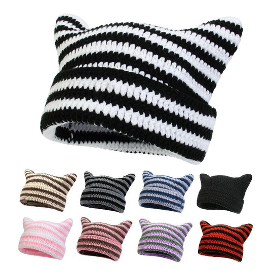 Cute Knitted Cat Ear Beanie Hat Striped Unisex Winter Cap