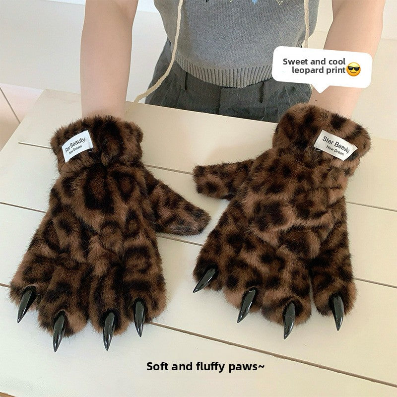 Unisex Leopard Print Winter Gloves Plush Lined & Windproof