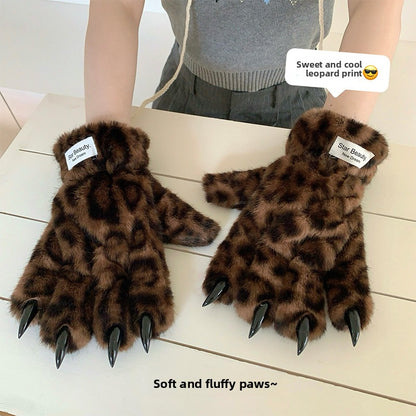 Unisex Leopard Print Winter Gloves Plush Lined & Windproof